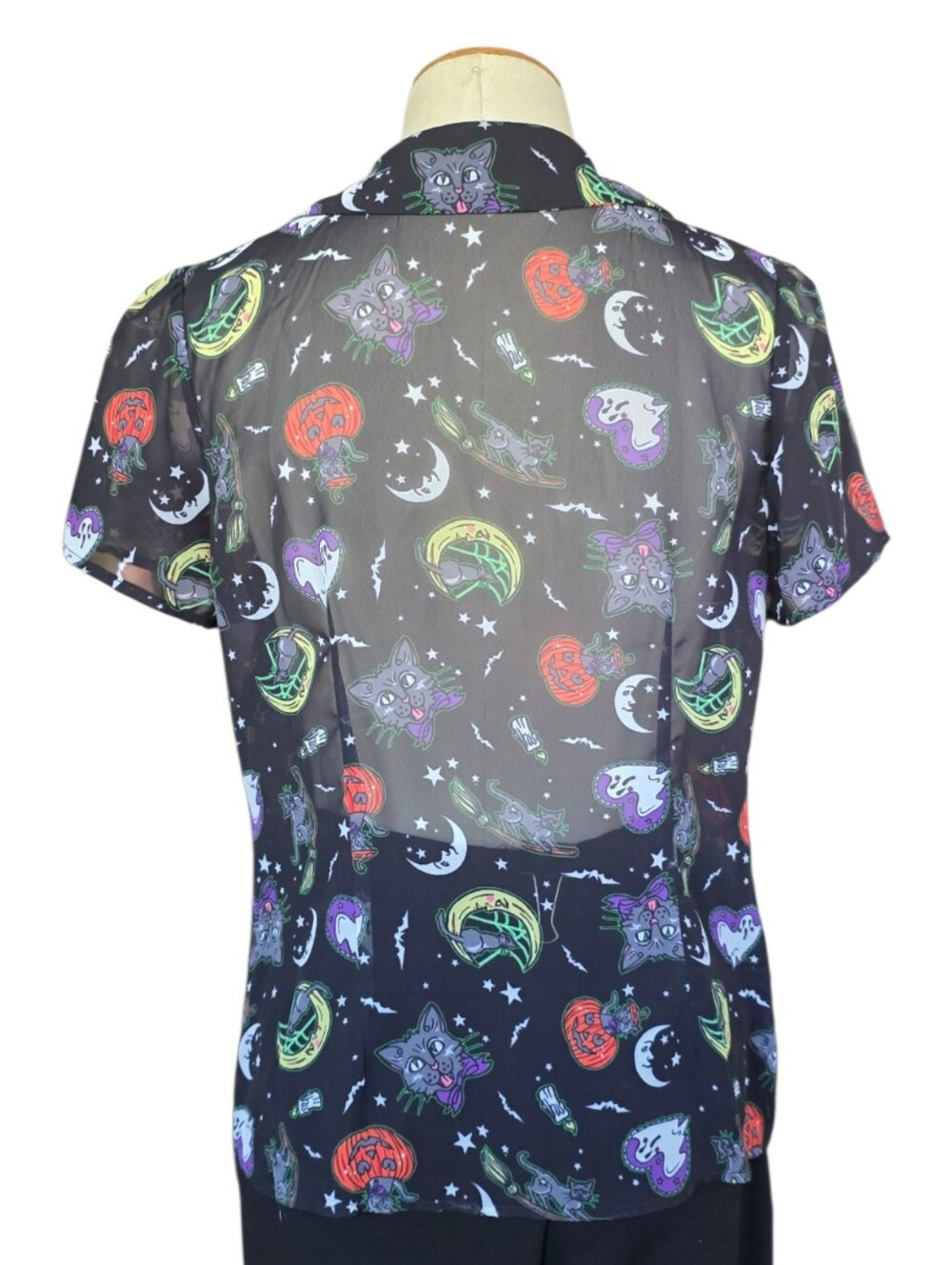 Hell Bunny Salem Halloween Sheer Cat Ghost Pumpkin Blouse Womens Size M - Picture 4 of 10